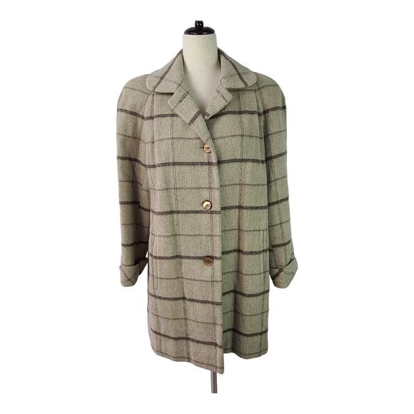 Alorna Tan Gray Brown Plaid Vintage USA Wool Blend Lined Coat Medium - Picture 1 of 6